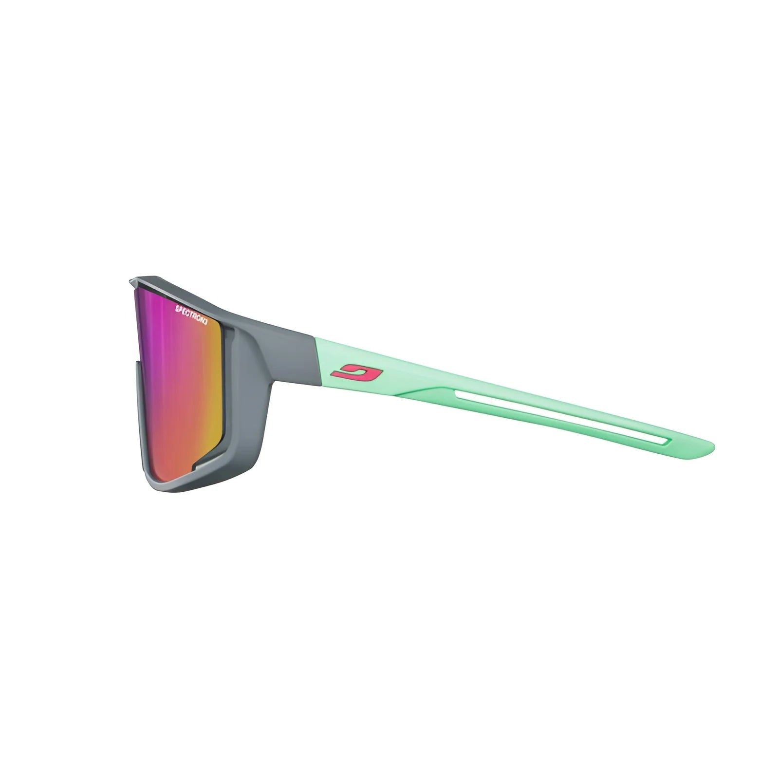 Introducing Julbo Fury S Sunglasses: Side view shades with a stylish gray frame, green arms, and advanced Spectron lenses offering an iridescent shine and a wide field of vision.