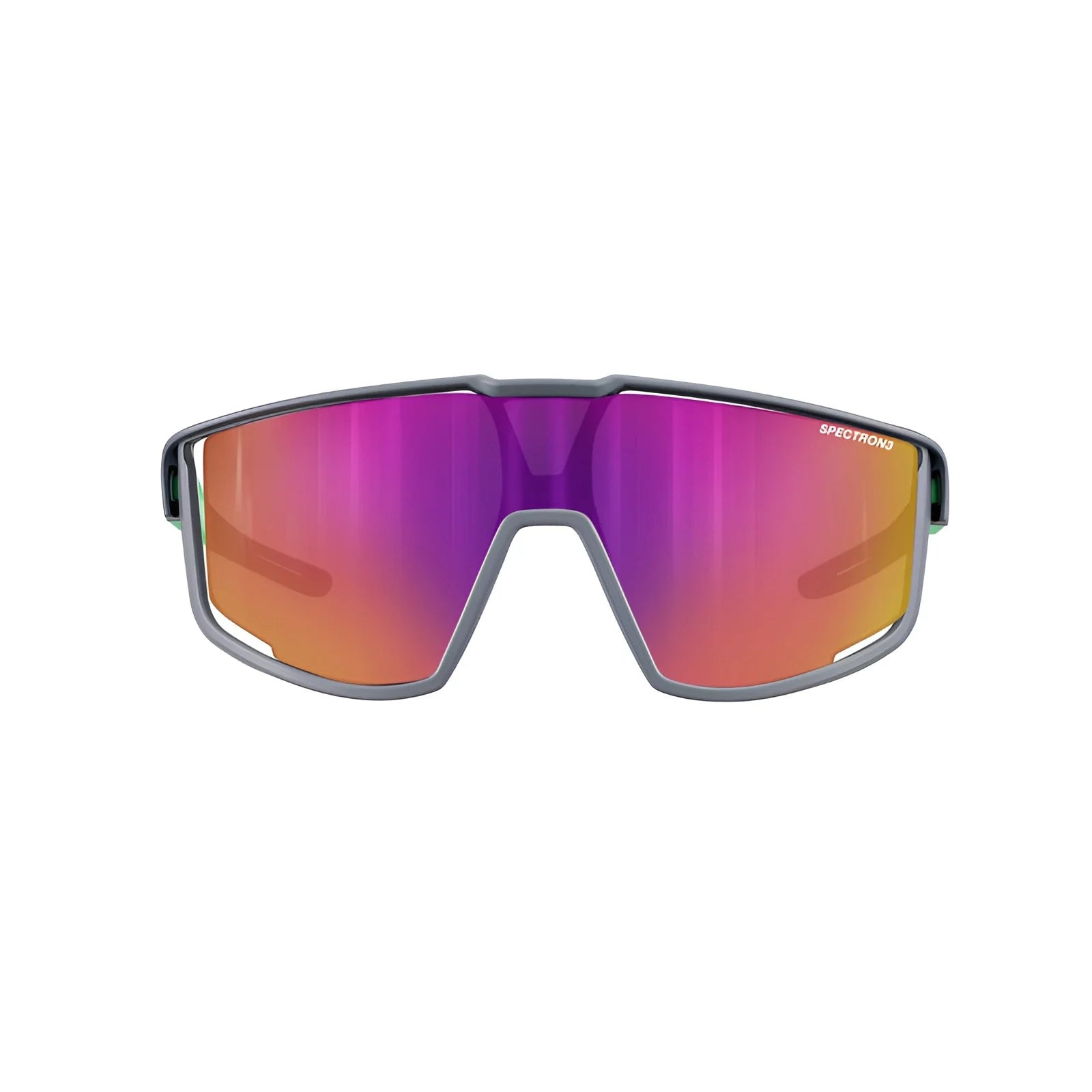 Introducing the Julbo Fury S Sunglasses, featuring a thick black frame and reflective purple-orange Spectron lenses for a wide field of vision and optimal performance.