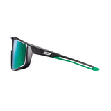 Side view of Julbo Fury sunglasses in sleek black, showcasing green-tinted lenses and tips. Featuring REACTIV photochromic lenses for adaptive light conditions and an Air Link Temple System for comfort during any adventure.