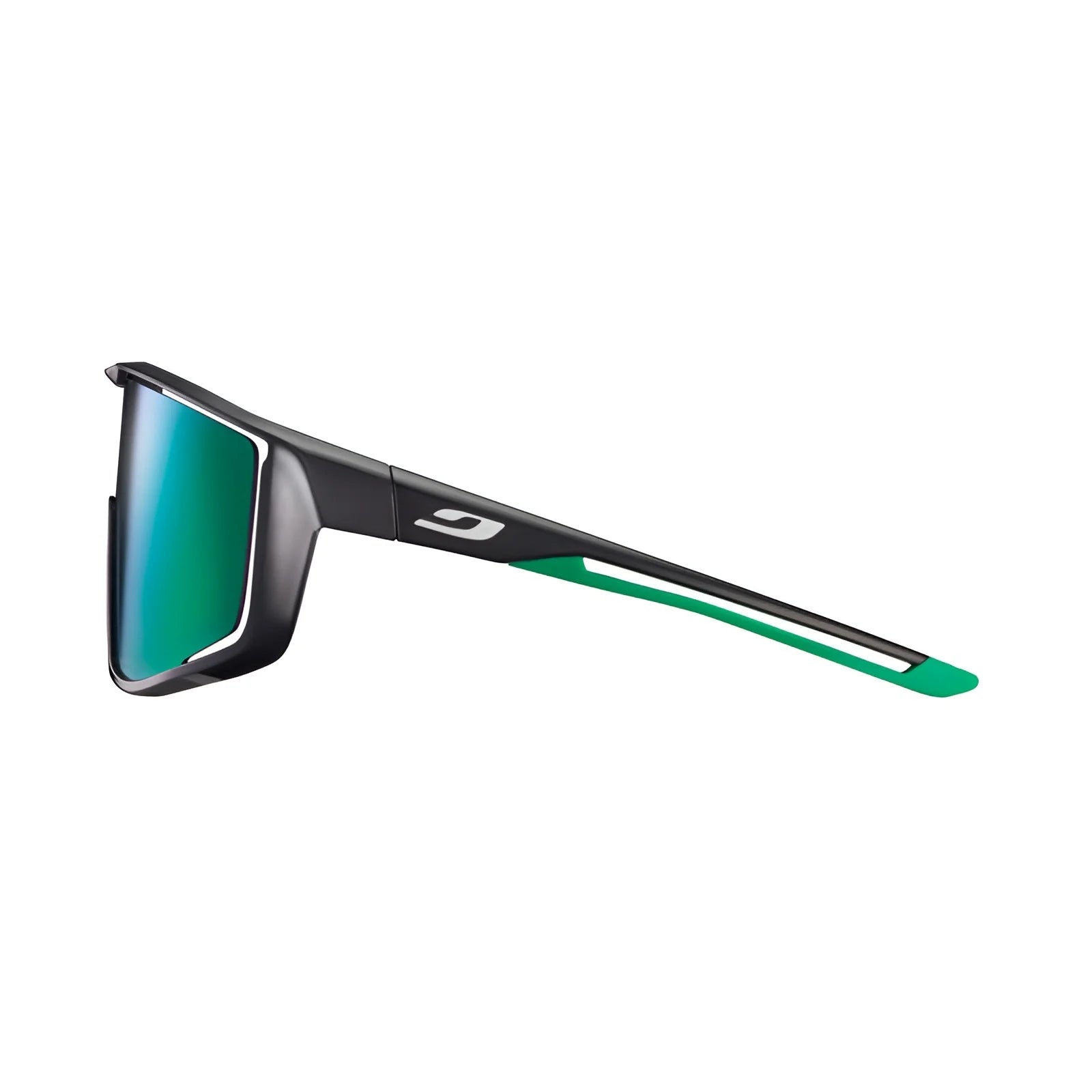 Side view of Julbo Fury sunglasses in sleek black, showcasing green-tinted lenses and tips. Featuring REACTIV photochromic lenses for adaptive light conditions and an Air Link Temple System for comfort during any adventure.