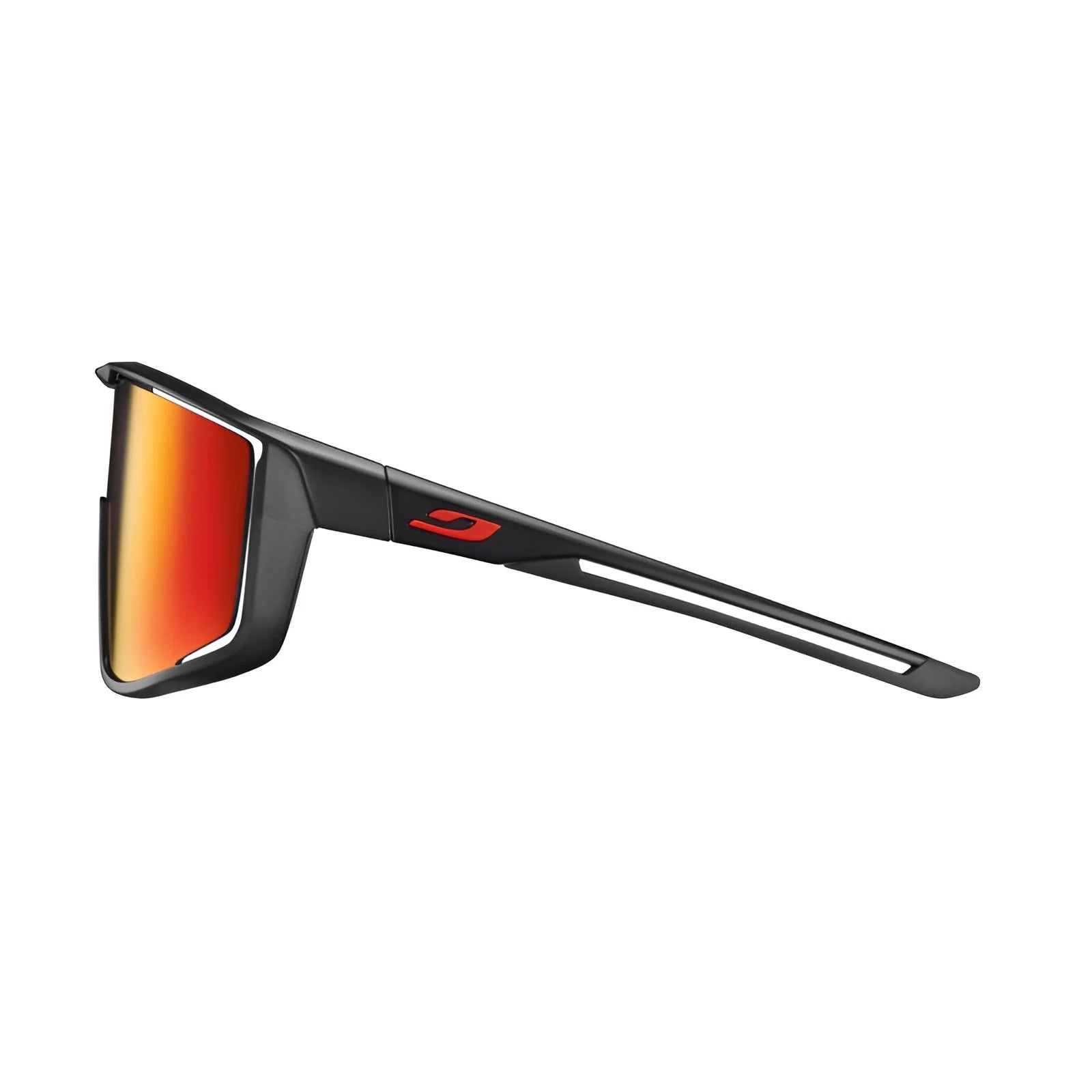 Julbo Fury Sunglasses feature a sleek design with black frames, mirrored red lenses, and a side view showcasing the red logo on the arm. They include the innovative Air Link Temple System for enhanced comfort.