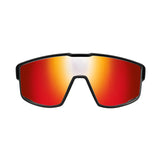 Julbo Fury Sunglasses showcase reflective orange-red lenses and a sleek black frame on a white background. Enhanced with the Air Link Temple System, these sporty shades by Julbo offer comfort and style for any adventure.