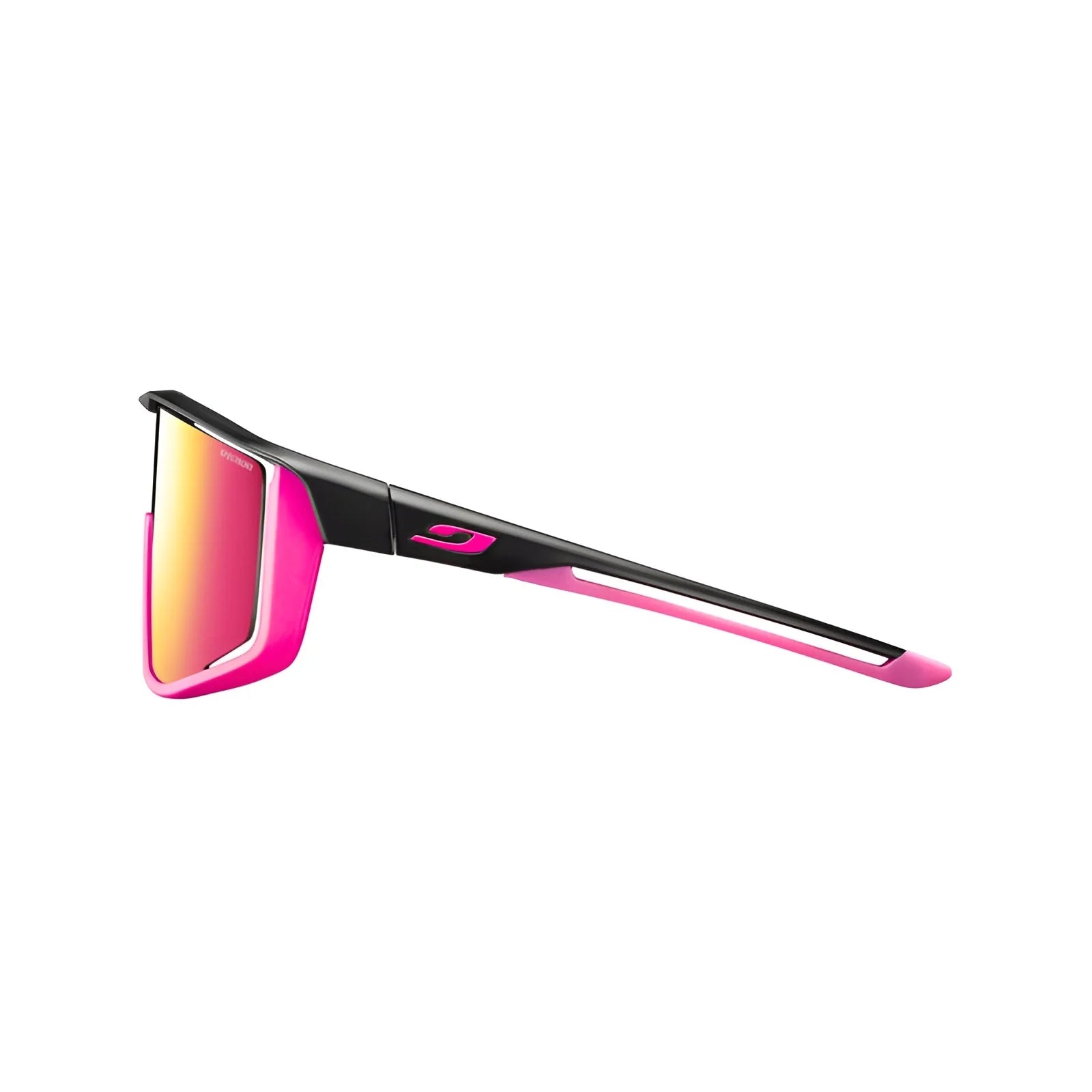 Side view of Julbo Fury Sunglasses by Julbo, showcasing a sleek black and pink design, Air Link Temple System for comfort, and reflective orange REACTIV photochromic lenses.