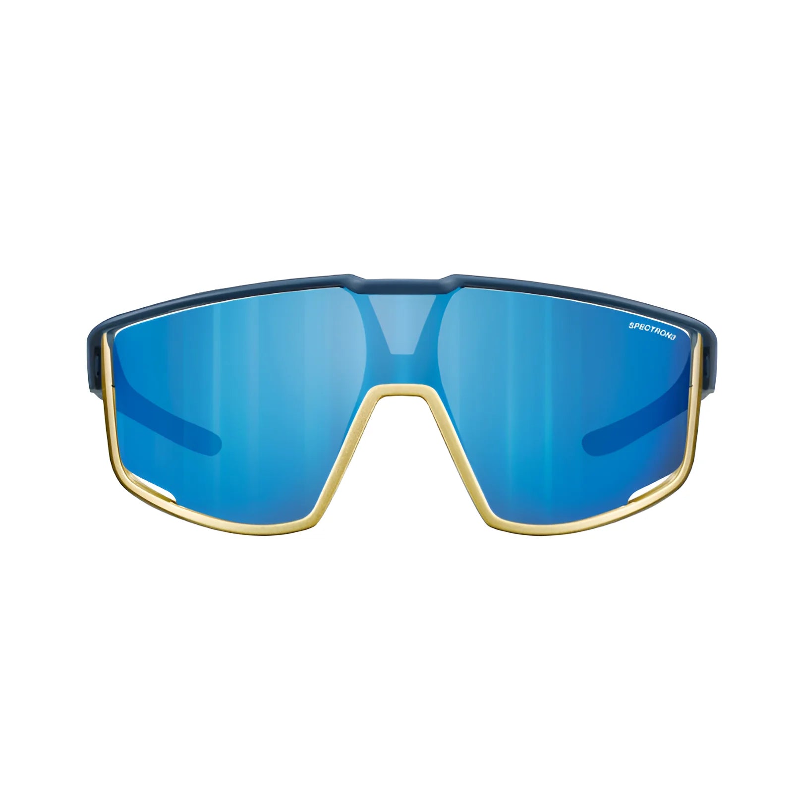 The Julbo Fury Sunglasses showcase a chic gold frame with blue-tinted lenses and come equipped with the Air Link Temple System, displayed from the front against a pristine white background.
