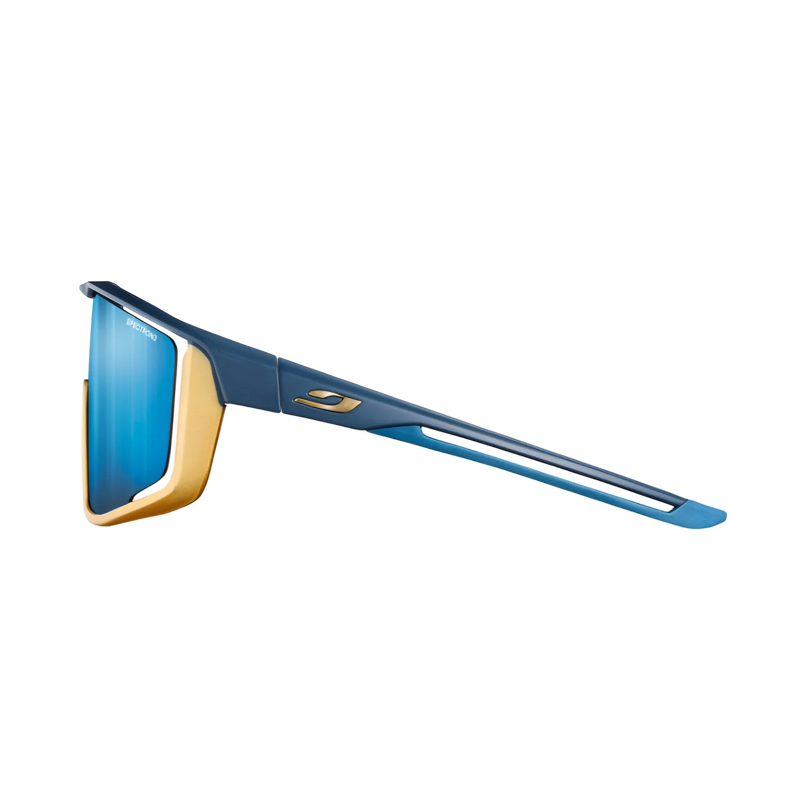 The Julbo Fury sunglasses, in blue and yellow, showcase a sleek design with REACTIV photochromic lenses and are displayed in a side profile view.