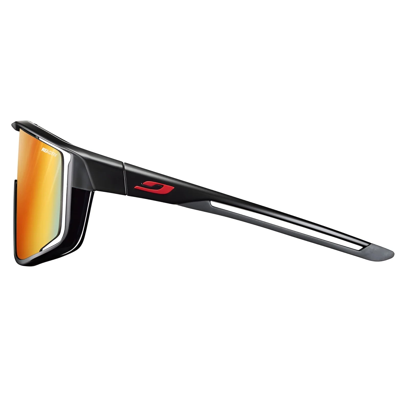 Side view of Julbo Fury sunglasses by Julbo with black frames, orange mirrored lenses, and a red logo on the arm, enhanced with the Air Link Temple System for added comfort.