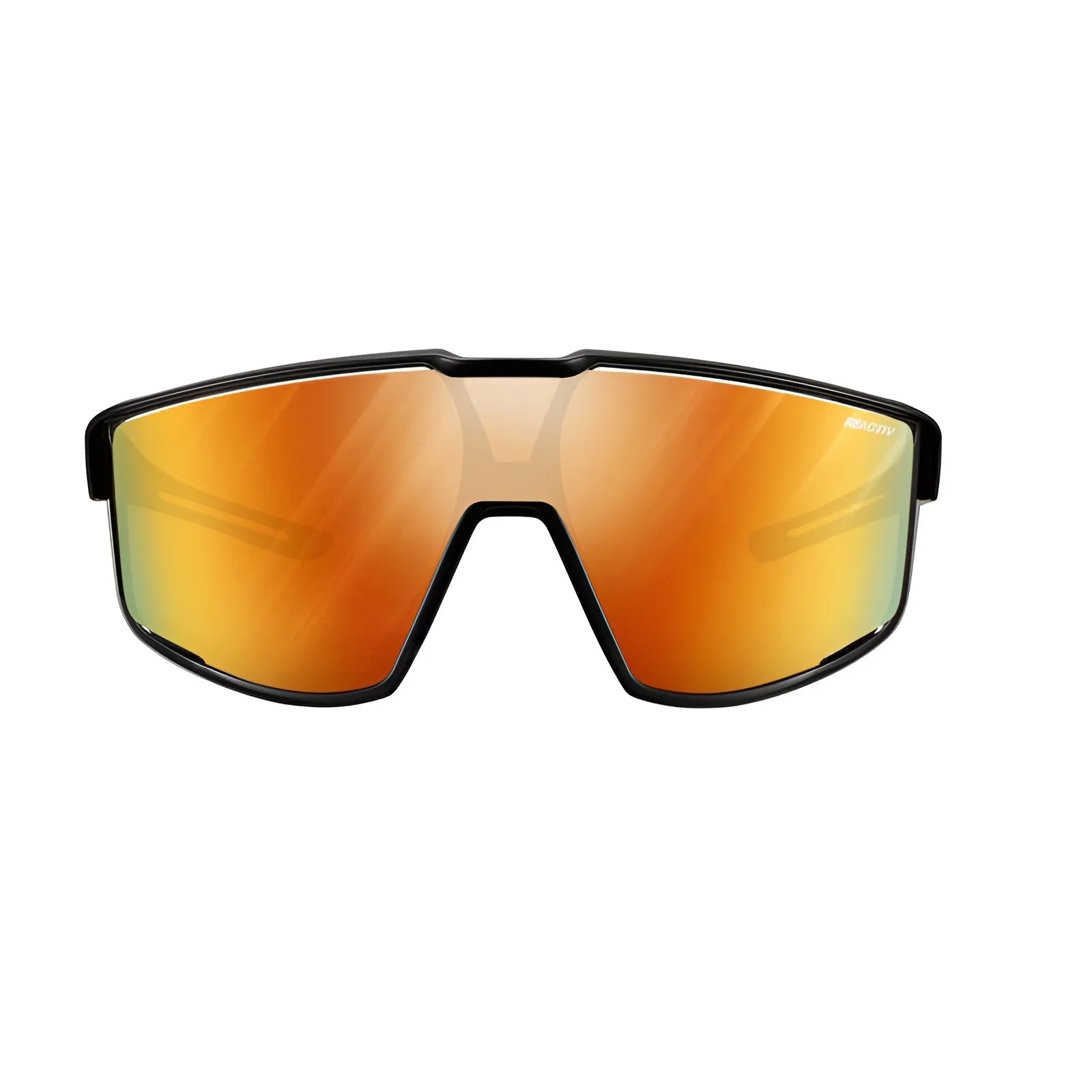 Julbo Fury Sunglasses in sleek black with vivid orange reflective lenses, on a white background.