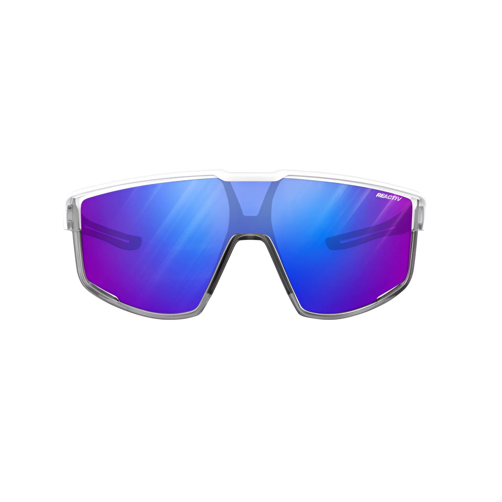 Julbo Fury sunglasses, from the Julbo brand, feature REACTIV photochromic lenses with a sleek white frame and reflective blue-purple hues, set against a pristine white background.