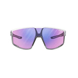 Introducing the Julbo Fury Sunglasses by Julbo: sporting pink and purple mirrored lenses in a sleek white frame. With the Air Link Temple System, these sports sunglasses guarantee a secure, comfortable fit as you move.