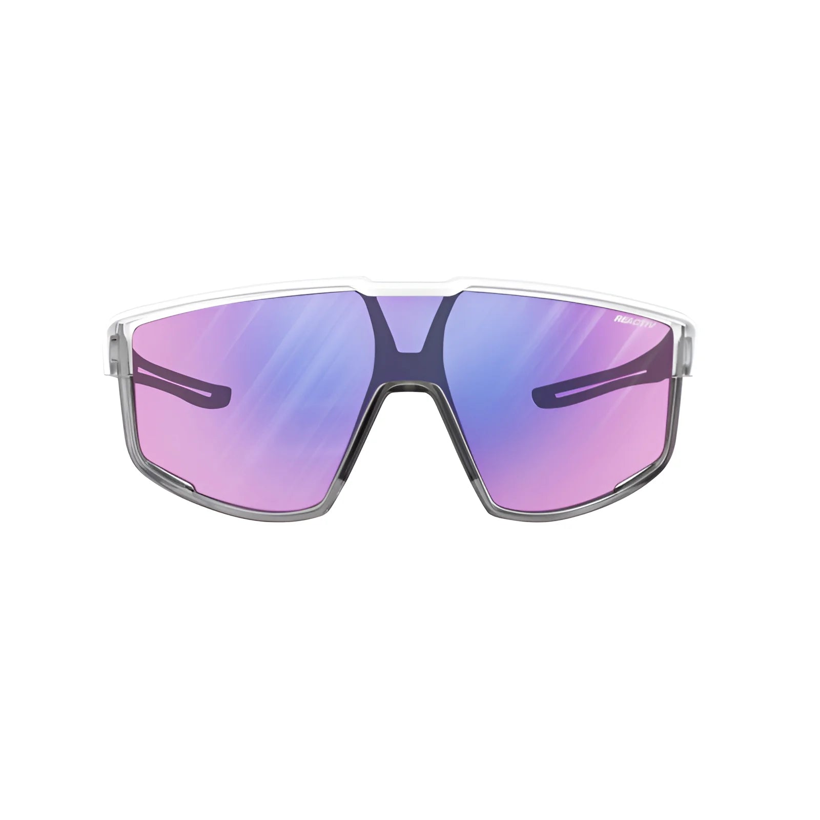 Introducing the Julbo Fury Sunglasses by Julbo: sporting pink and purple mirrored lenses in a sleek white frame. With the Air Link Temple System, these sports sunglasses guarantee a secure, comfortable fit as you move.