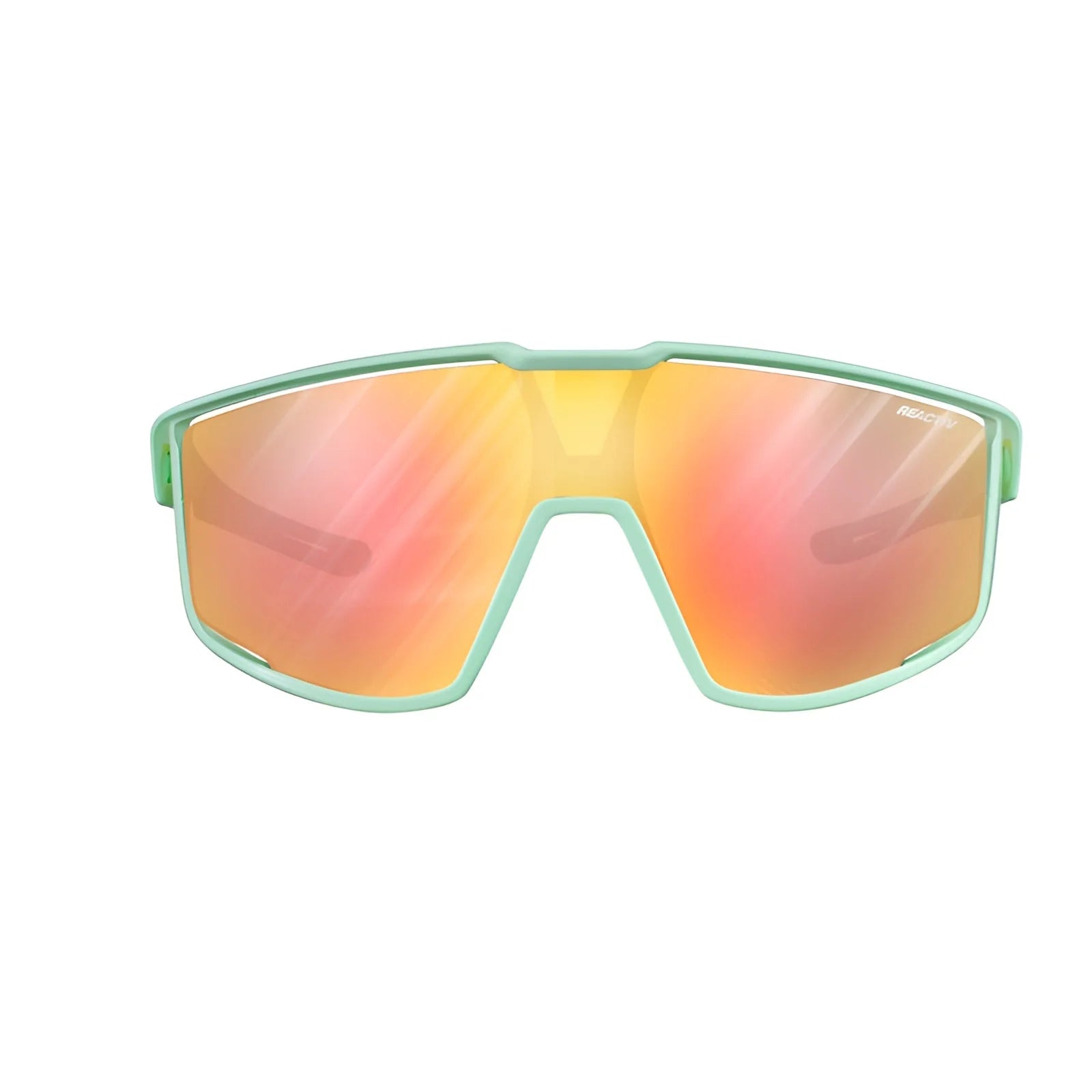 Discover Julbo Fury Sunglasses with teal frames and bold orange-tinted, reflective lenses. These stylish shades feature REACTIV photochromic lenses for light adaptability and the Air Link Temple System for a lightweight fit.