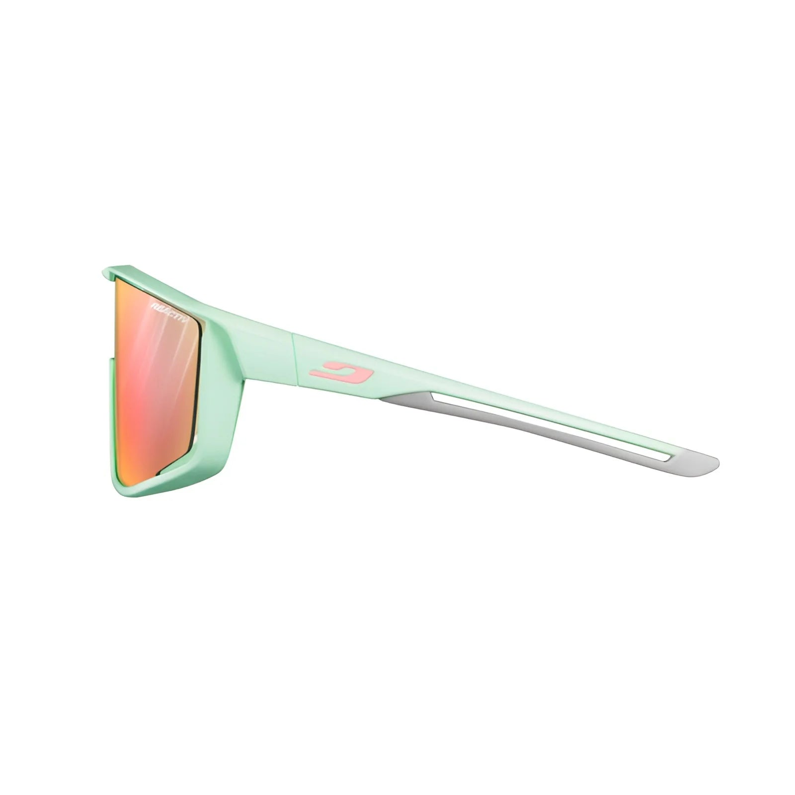 Side view of Julbo Fury sunglasses in mint green, equipped with REACTIV photochromic lenses and sleek orange reflective optics.