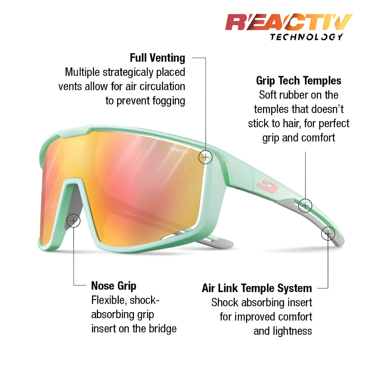 The Julbo Fury Sunglasses by Julbo feature a vibrant green frame and orange REACTIV photochromic lenses, complemented by the Air Link Temple System, comfort venting, grip tech temples, and a secure nose grip for any adventure.