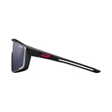Side view of Julbo Fury sunglasses shows a modern design with sleek black frames, red logo on the arm, and REACTIV photochromic lenses for optimal clarity.