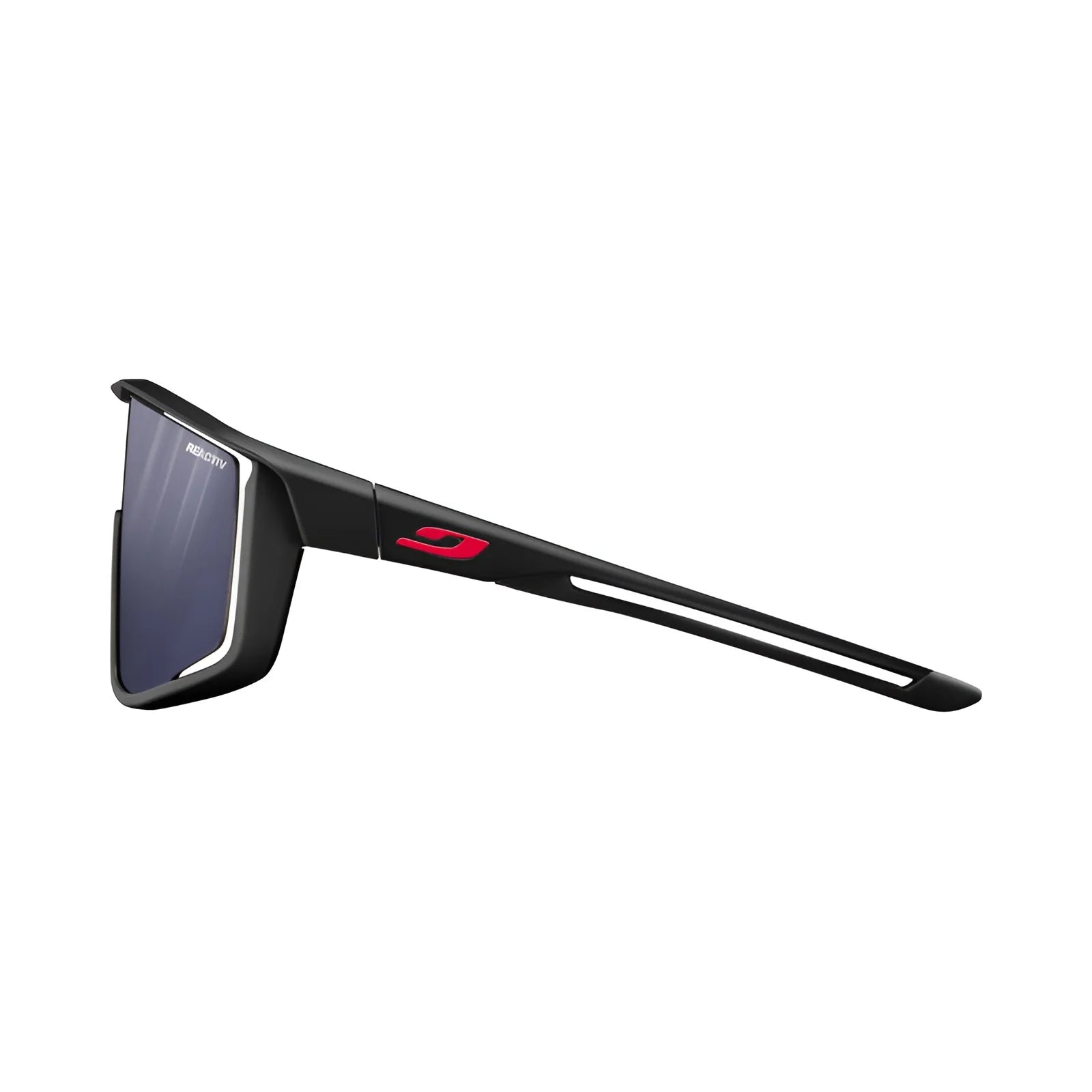 Side view of Julbo Fury sunglasses shows a modern design with sleek black frames, red logo on the arm, and REACTIV photochromic lenses for optimal clarity.