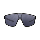 Introducing the Julbo Fury Sunglasses by Julbo, showcasing a sleek black design with an angular frame. These sports sunglasses feature dark tinted lenses and the Air Link Temple System for comfort, with optional REACTIV photochromic lenses that adapt to changing light conditions.