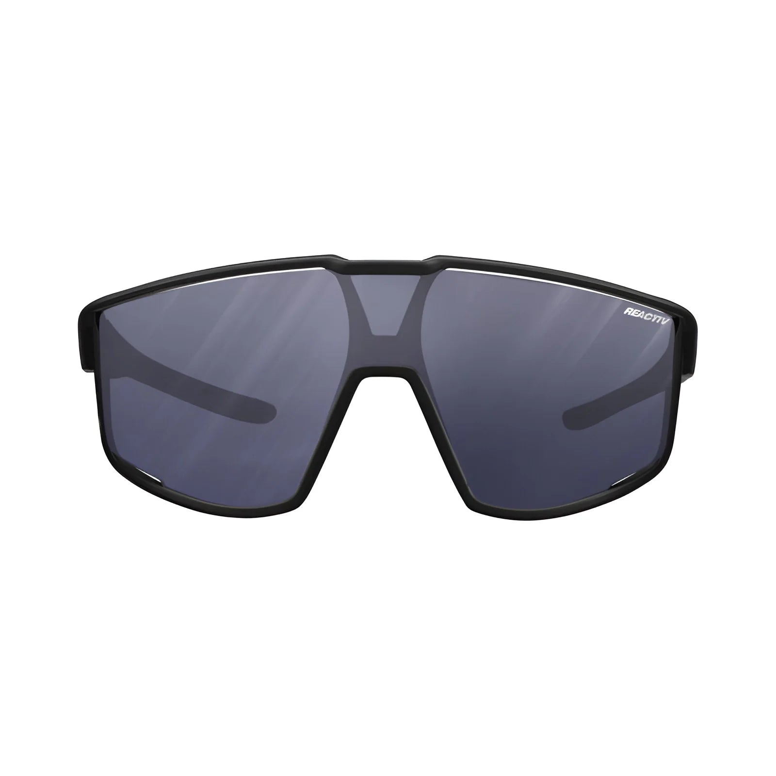 Introducing the Julbo Fury Sunglasses by Julbo, showcasing a sleek black design with an angular frame. These sports sunglasses feature dark tinted lenses and the Air Link Temple System for comfort, with optional REACTIV photochromic lenses that adapt to changing light conditions.
