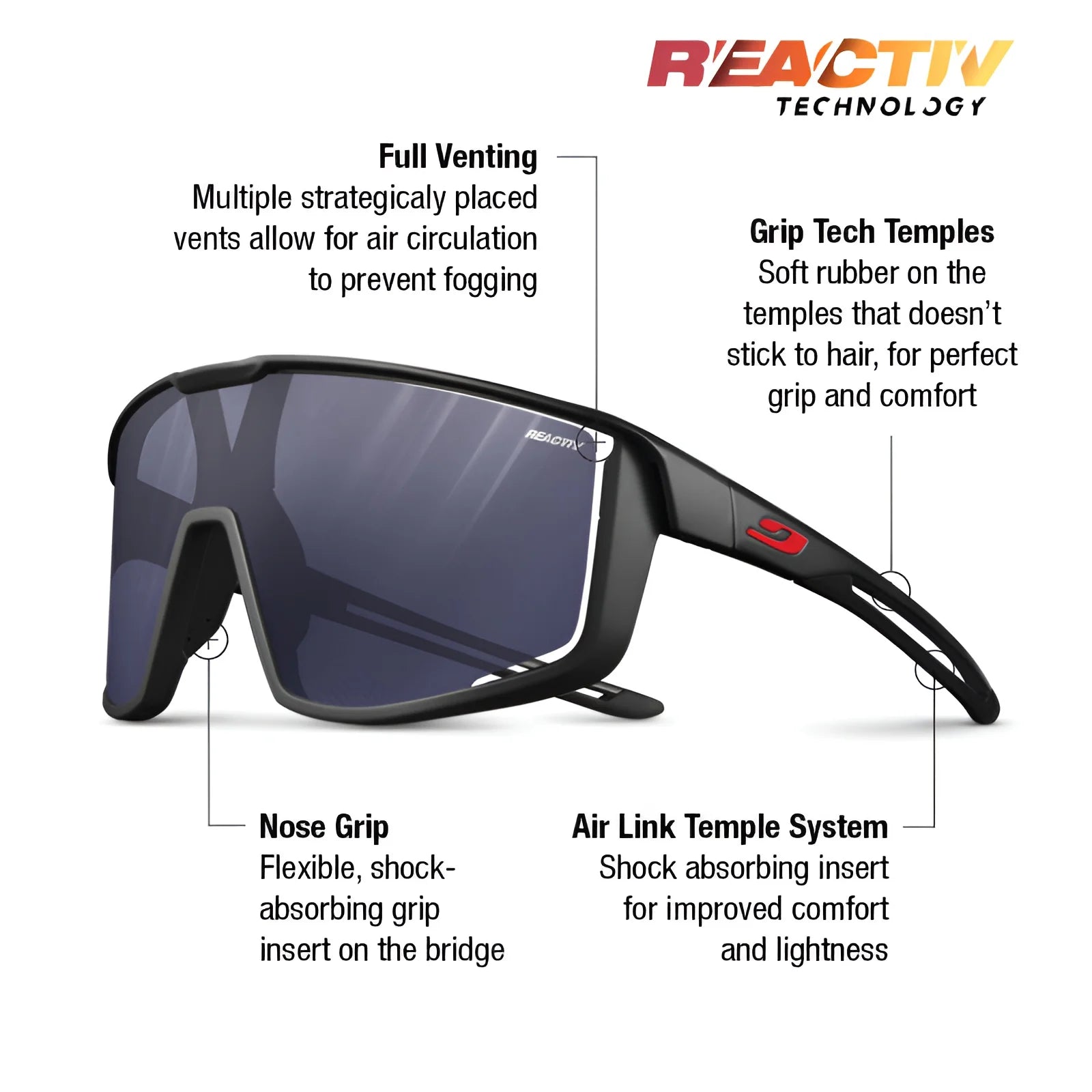 Julbo Fury Sunglasses feature a black sports design with full venting, grip tech temples, nose grip, and the Air Link Temple System for comfort. Enjoy improved vision clarity with REACTIV photochromic lenses.