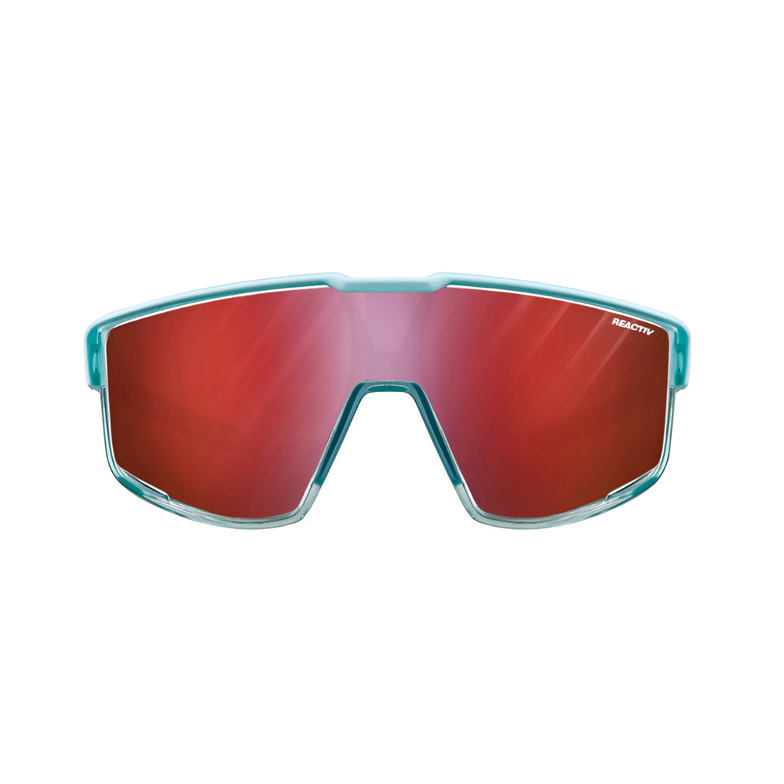The Julbo Fury Sunglasses showcase a sleek teal frame with vibrant red mirrored lenses, set against a white background.