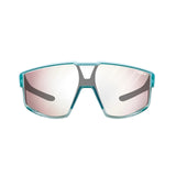 Introducing the Julbo Fury Sunglasses—turquoise frame with mirrored REACTIV photochromic lenses. Ideal for outdoor adventures, they offer unmatched comfort and stability thanks to the Air Link Temple System.