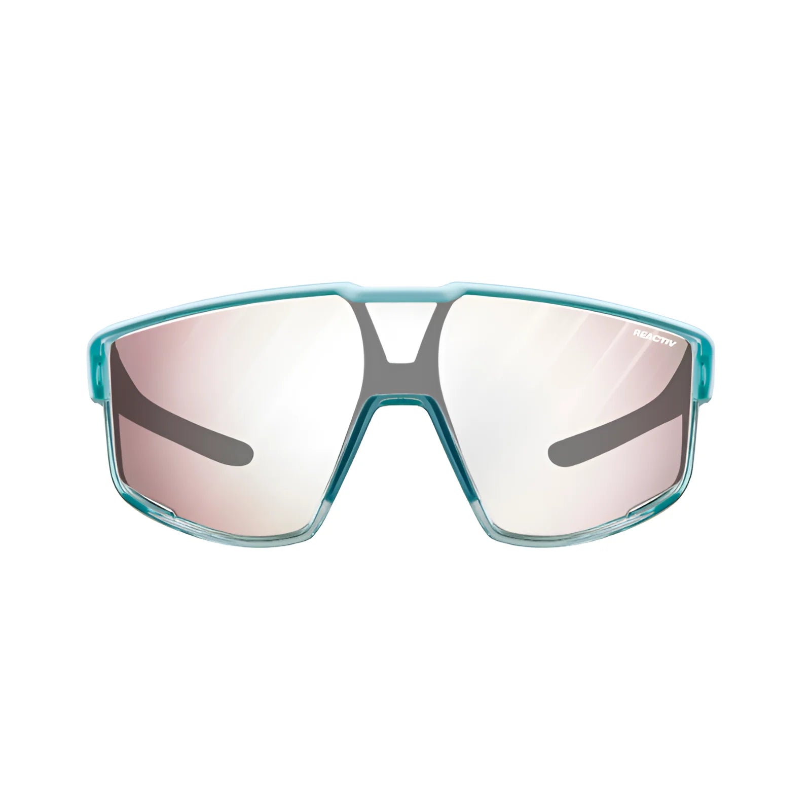 Introducing the Julbo Fury Sunglasses—turquoise frame with mirrored REACTIV photochromic lenses. Ideal for outdoor adventures, they offer unmatched comfort and stability thanks to the Air Link Temple System.