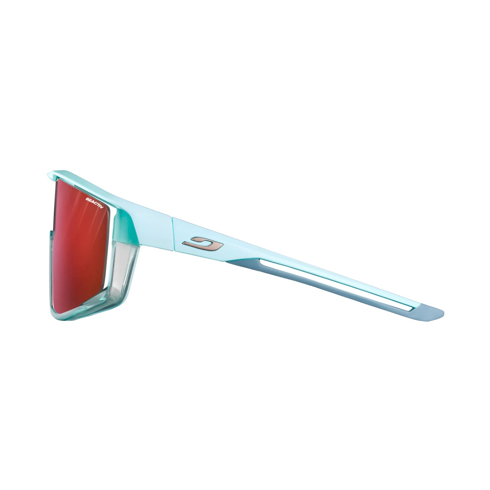 Angular view of Julbo Fury sunglasses showcasing blue frames, red-tinted REACTIV photochromic lenses, and a sleek silver logo on the Air Link Temple System.