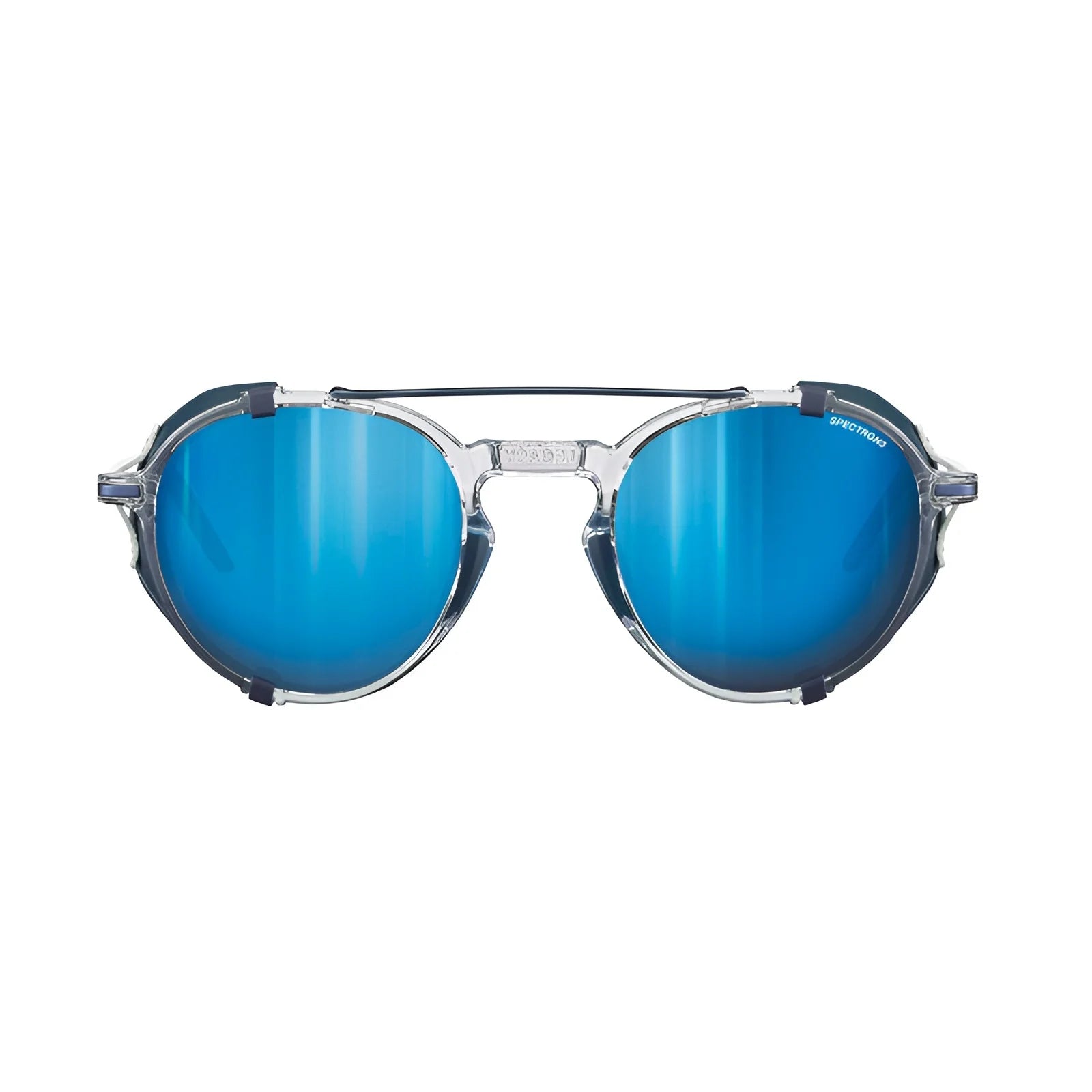 Julbo Legacy Sunglasses, size 51, have clear frames with blue reflective lenses, a double bridge design, and adjustable slim temples.