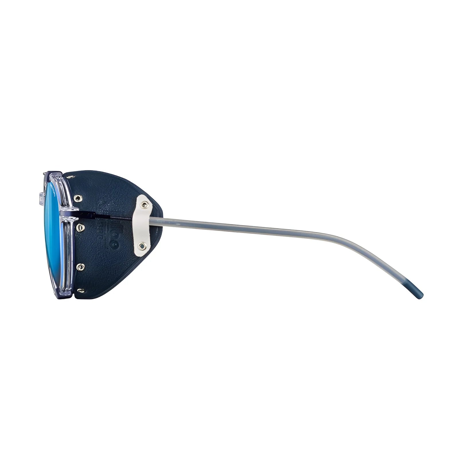 Side view of Julbo Legacy Sunglasses, Size 51, featuring blue lenses and dark leather side shields styled as contemporary glacier glasses set against a white background.