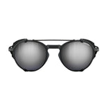Julbo Legacy Sunglasses, Size 51: Reflective glacier glasses featuring dark frames, a double bridge, and adjustable slim temples, seen from the front.