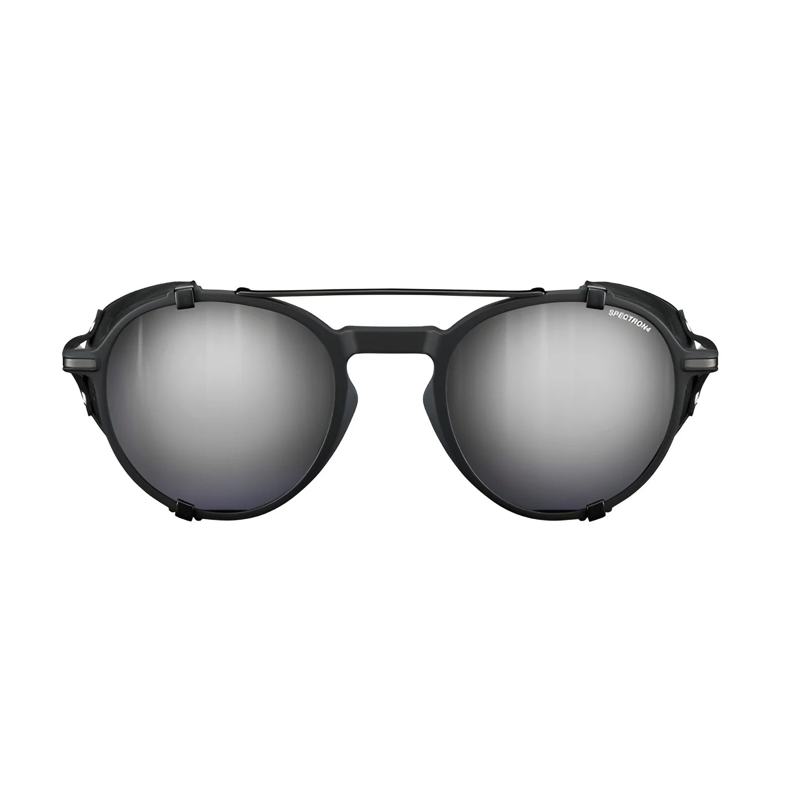 Julbo Legacy Sunglasses, Size 51: Reflective glacier glasses featuring dark frames, a double bridge, and adjustable slim temples, seen from the front.