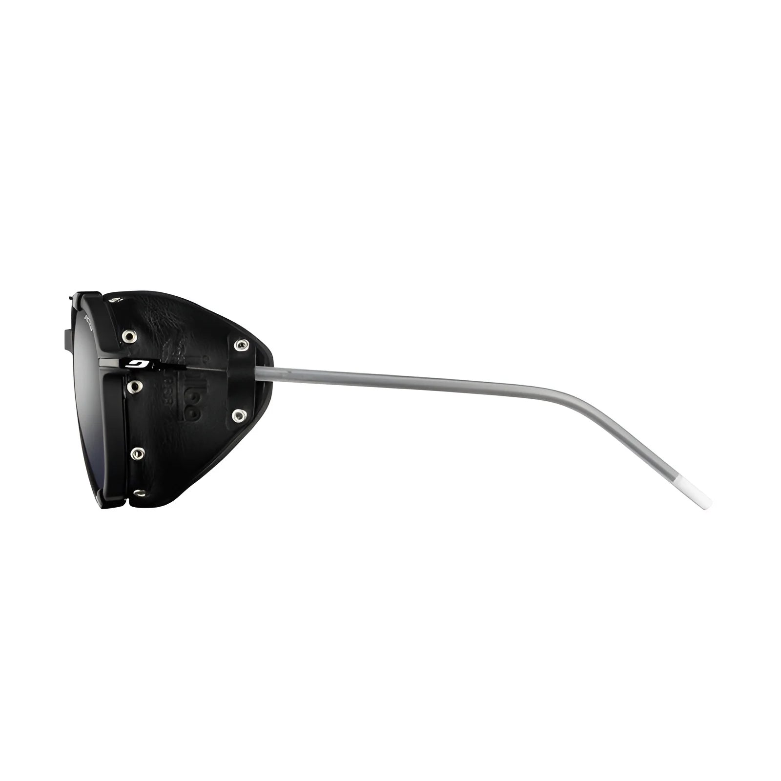 Side view of Julbo Legacy Sunglasses (Size 51) in a stylish design showcasing leather side shields and sleek, thin metal arms on a white background.