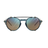 The Julbo Legacy Sunglasses, size 51, offer a stylish look with round reflective lenses, a double bridge, and leather side shields, all complemented by a light green frame.