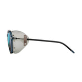 The Julbo Legacy Sunglasses, Size 51, showcase slim adjustable temples and leather side shields along with a sleek black frame and green-tinted lenses, viewed from the left side.