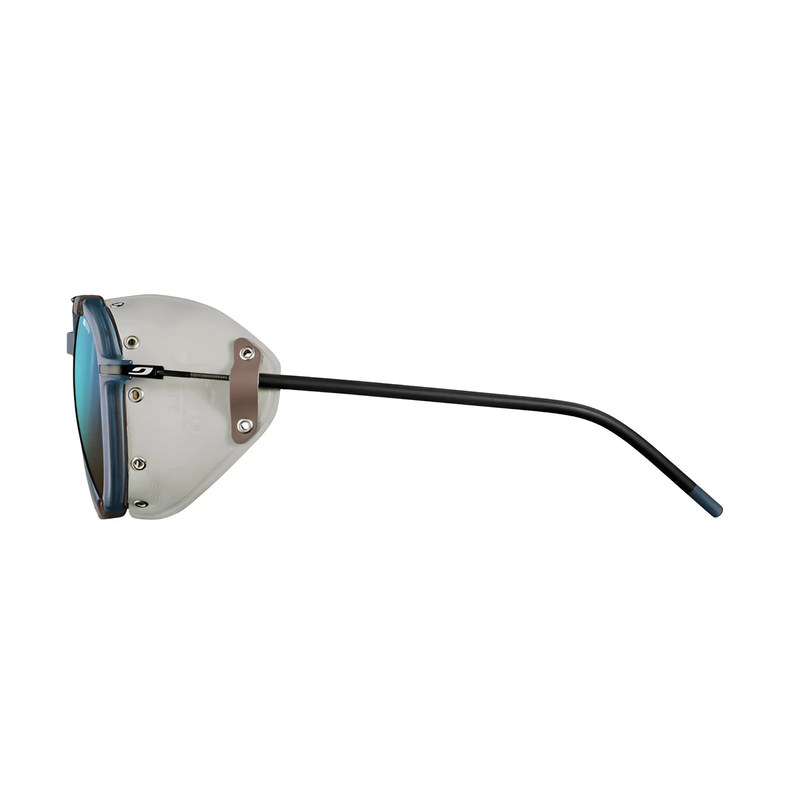 The Julbo Legacy Sunglasses, Size 51, showcase slim adjustable temples and leather side shields along with a sleek black frame and green-tinted lenses, viewed from the left side.