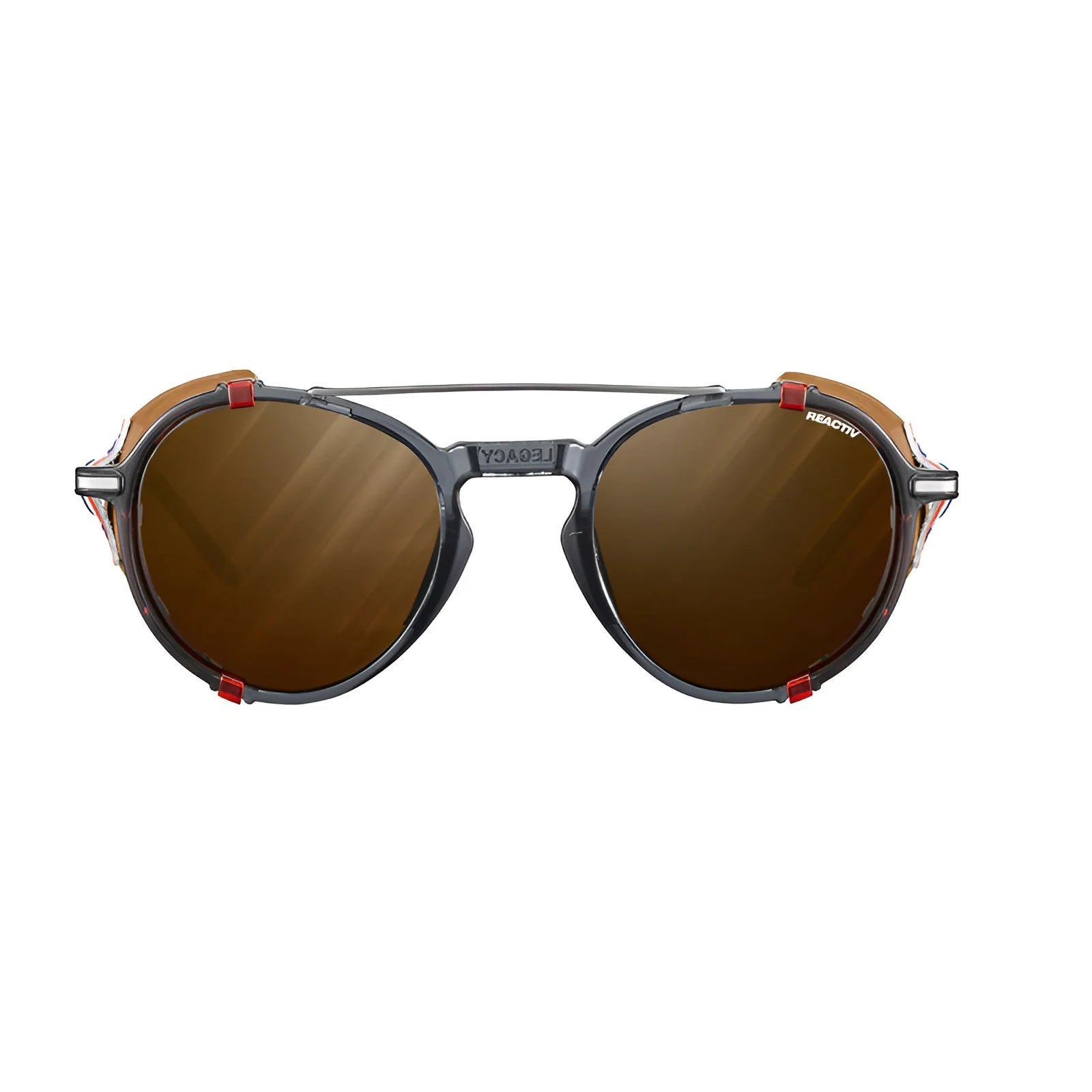 Julbo Legacy Sunglasses Size 51 feature black-framed, round brown lenses with red accents and adjustable slim temples, viewed from the front.