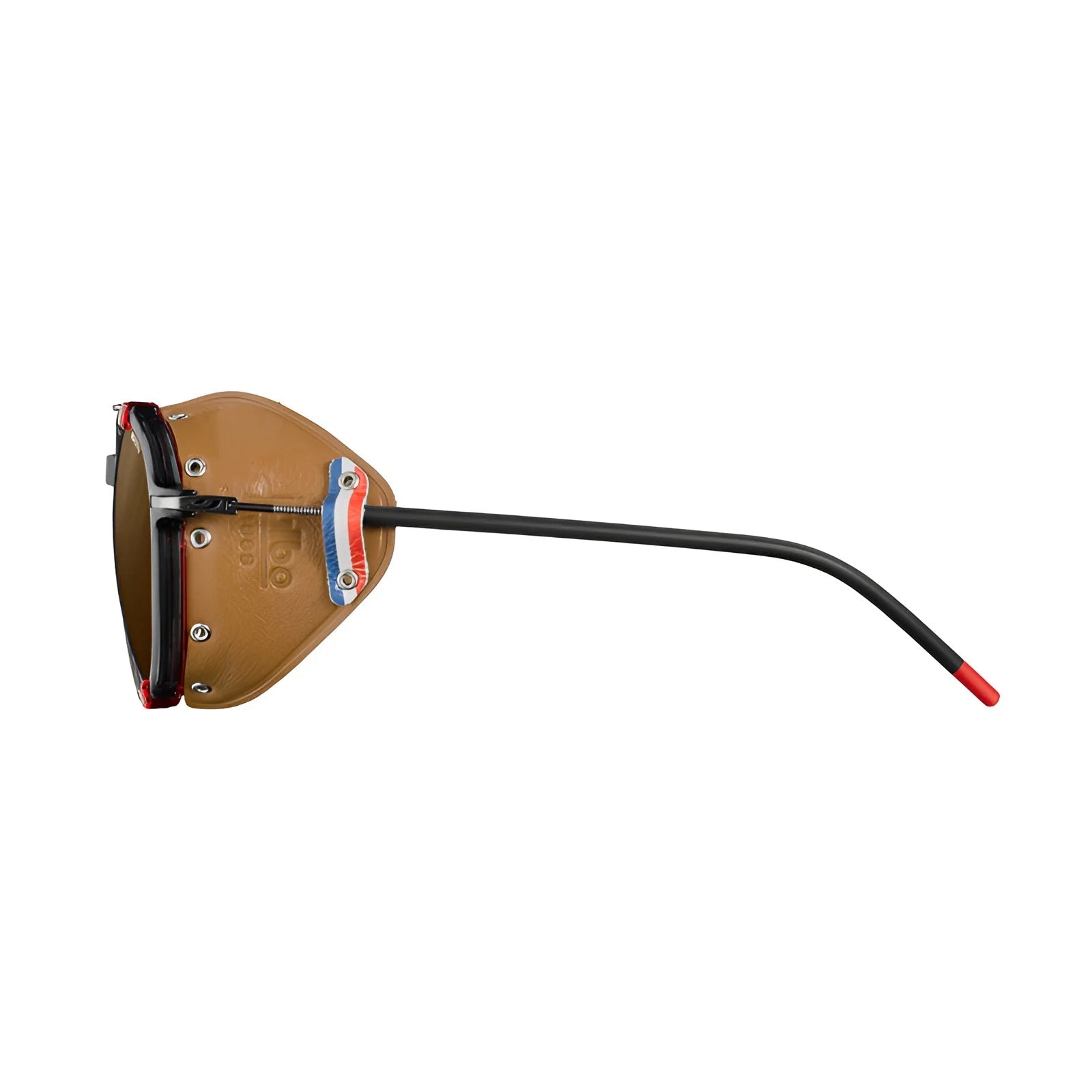 Side view of Julbo Legacy Sunglasses (Size 51) in black, showcasing brown leather side shields and adjustable slim temples with red tips.