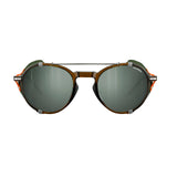 The Julbo Legacy Sunglasses | Size 51 feature vintage-style green lenses and a brown frame with orange side accents, adjustable slim temples for comfort, and optional leather side shields for a classic look.