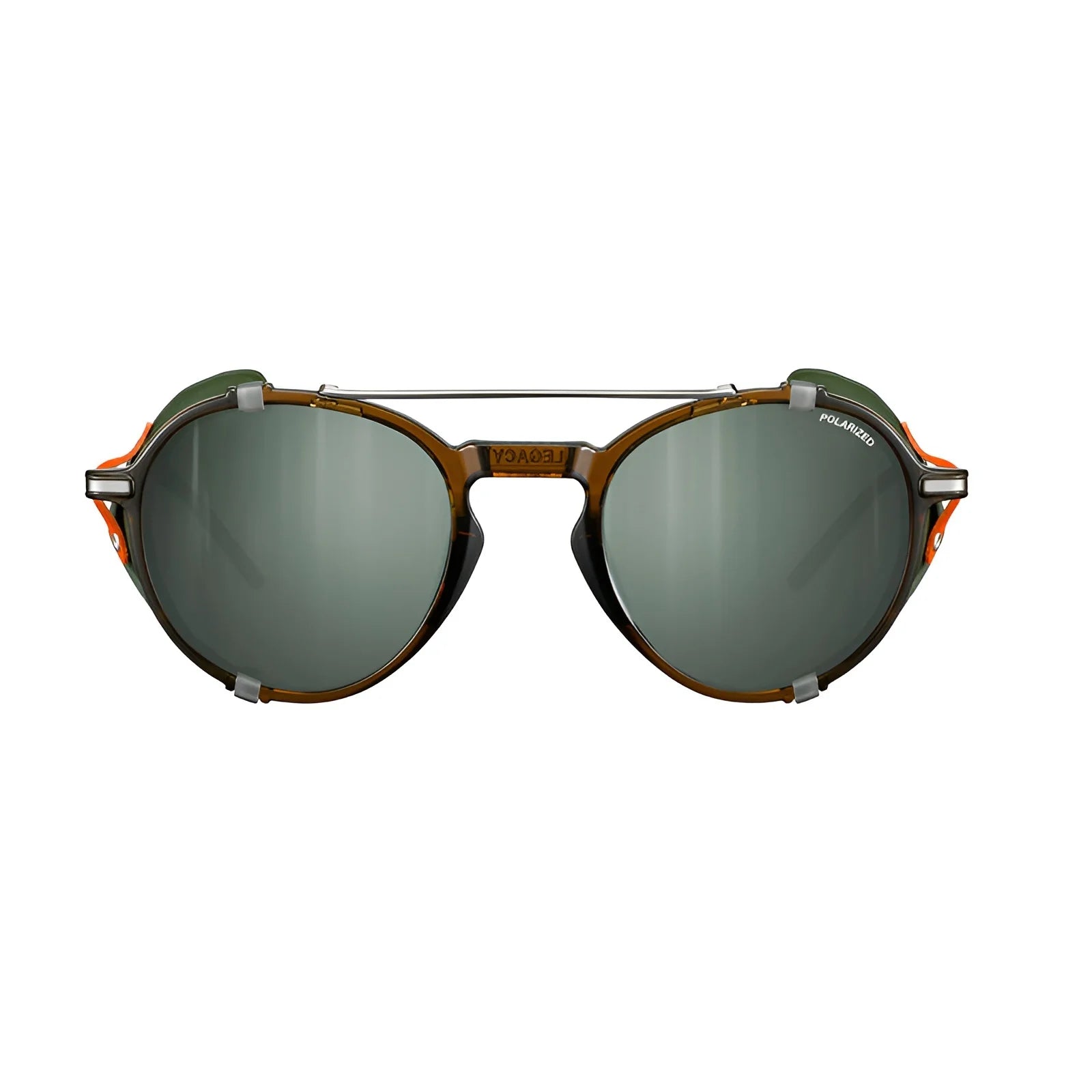 The Julbo Legacy Sunglasses | Size 51 feature vintage-style green lenses and a brown frame with orange side accents, adjustable slim temples for comfort, and optional leather side shields for a classic look.