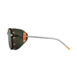 Side view of Julbo Legacy Sunglasses | Size 51 with adjustable slim temples, green lenses, orange accents, and metallic elongated arms featuring orange tips by Julbo.