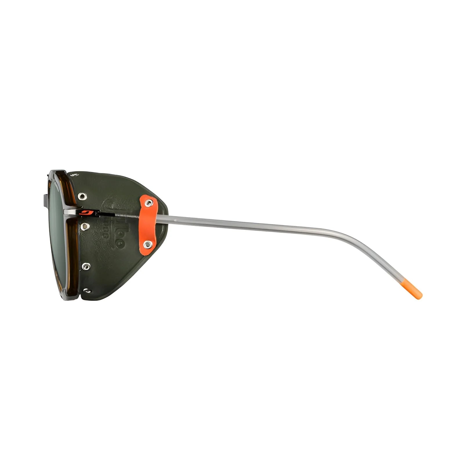 Side view of Julbo Legacy Sunglasses | Size 51 with adjustable slim temples, green lenses, orange accents, and metallic elongated arms featuring orange tips by Julbo.