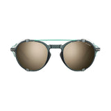 Front view of the Julbo Legacy Sunglasses in size 51, showcasing sporty green frames with brown tinted lenses, complemented by leather side shields and a top bar.