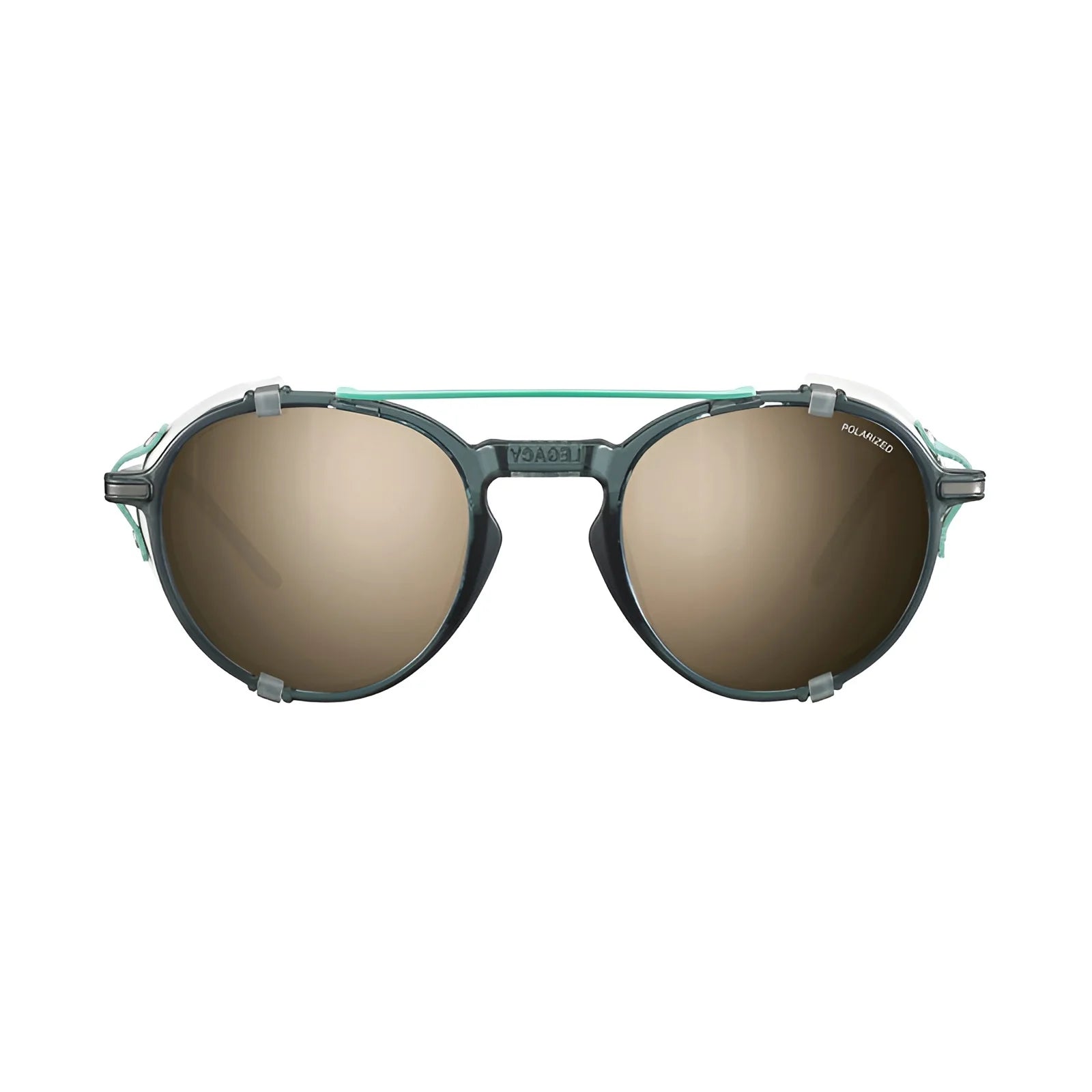 Front view of the Julbo Legacy Sunglasses in size 51, showcasing sporty green frames with brown tinted lenses, complemented by leather side shields and a top bar.