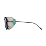 Sleek side view of Julbo Legacy Sunglasses | Size 51, featuring green leather side shields and a long, thin silver arm.