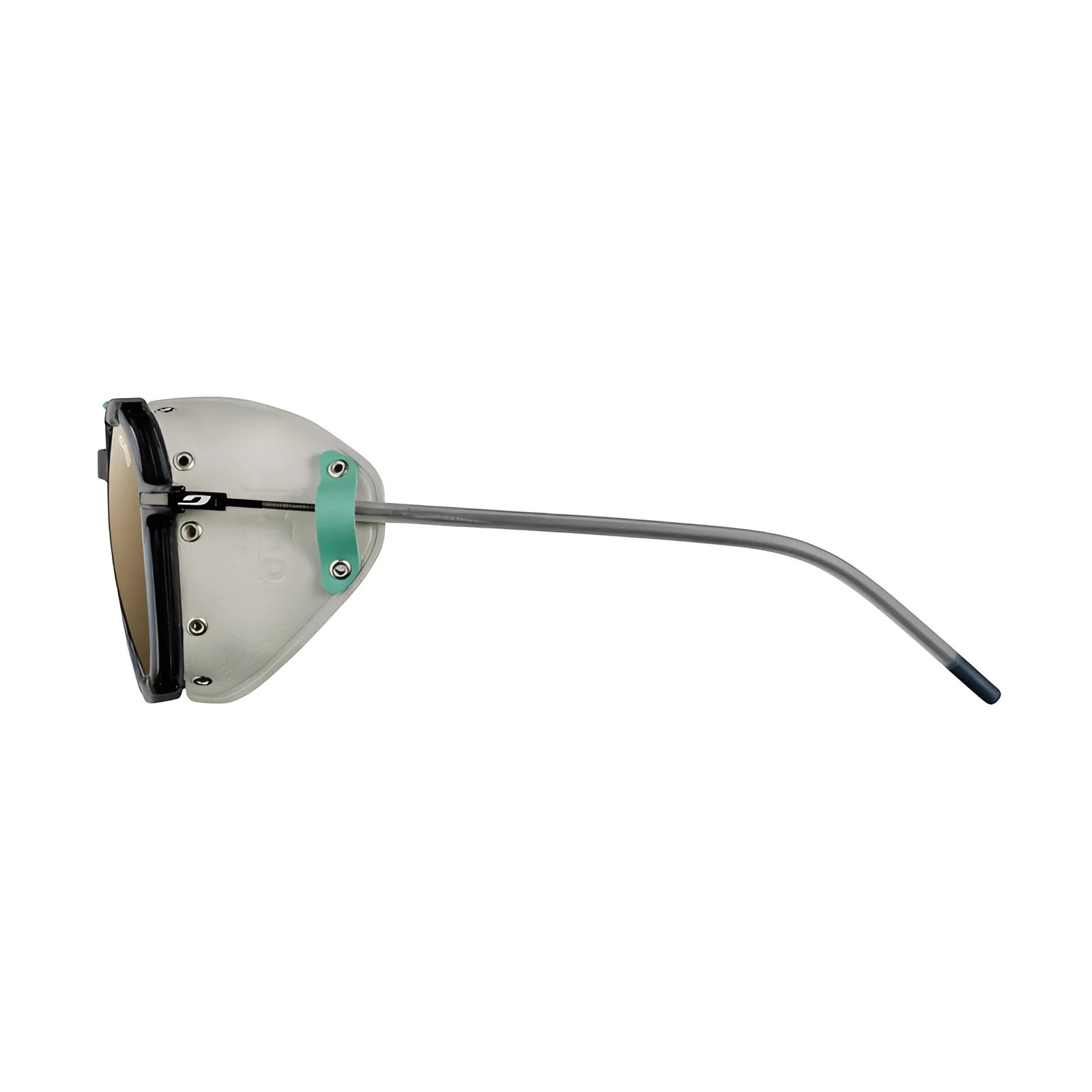 Sleek side view of Julbo Legacy Sunglasses | Size 51, featuring green leather side shields and a long, thin silver arm.