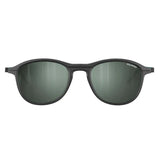 Round black Julbo Link Sunglasses, Size 52, unisex with dark green polarized lenses and Grip Tech temples, isolated on white background.