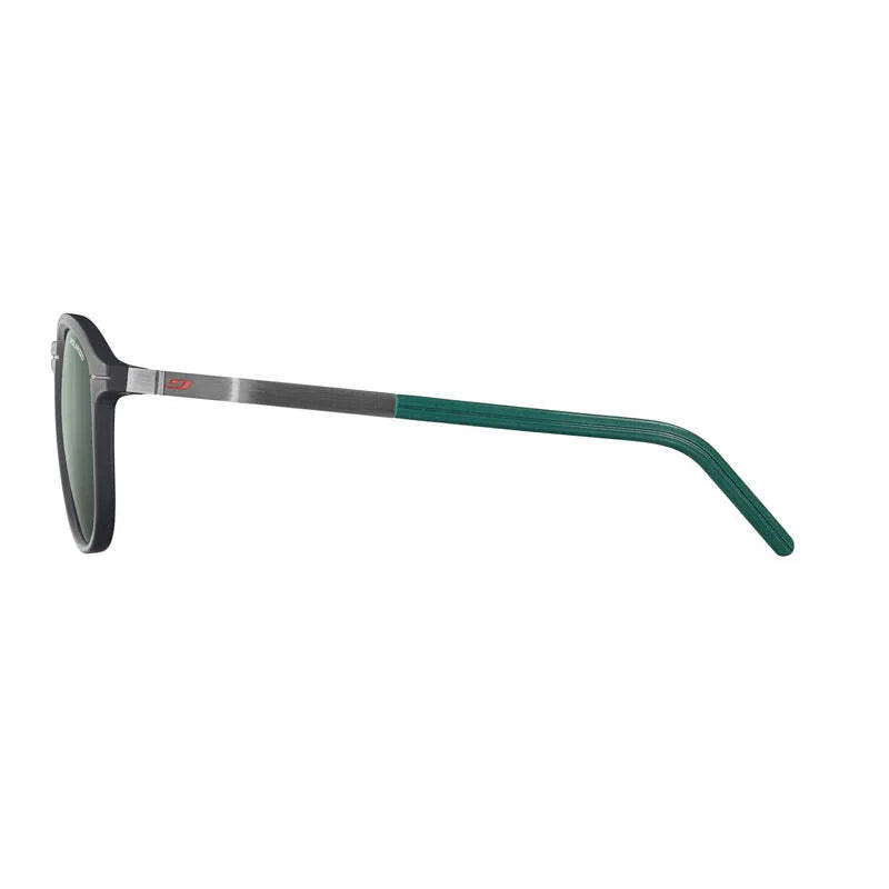 Side view of Julbo Link Sunglasses | Size 52, featuring a sleek metallic frame with Grip Tech green temples.