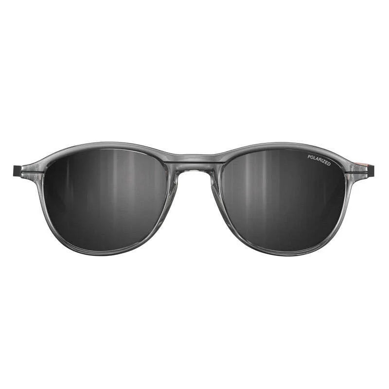 The Julbo Link Unisex Sunglasses, Size 52, feature gray frames and polarized lenses with dark tints on a pristine white backdrop.