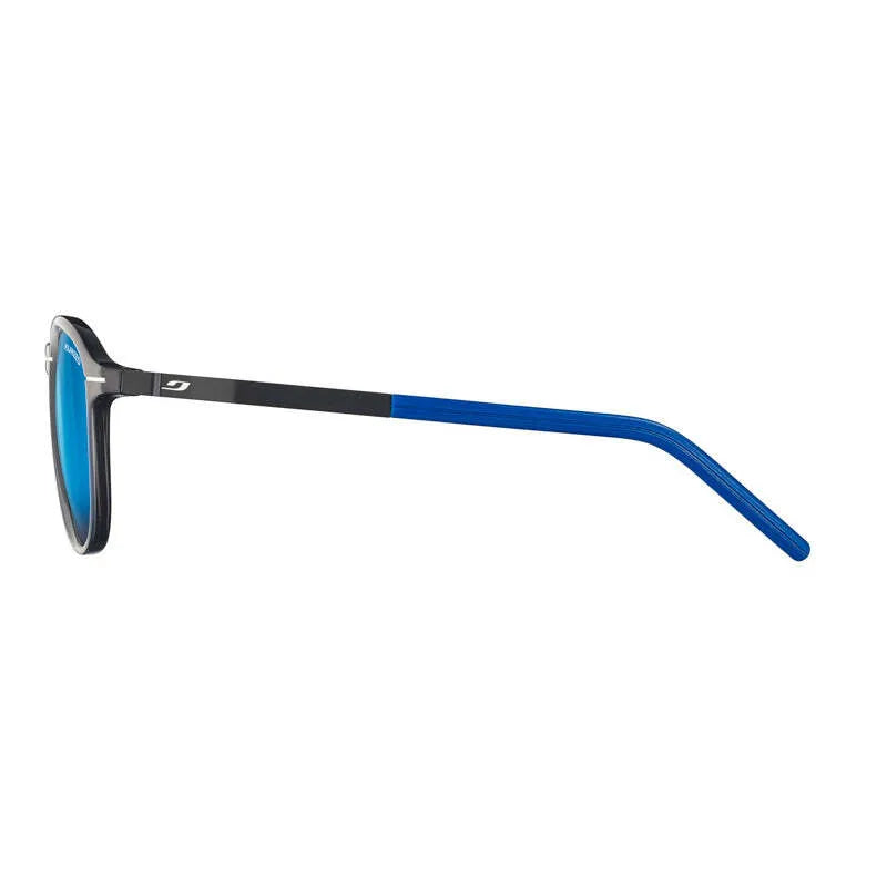 Side view of Julbo Link Sunglasses, Size 52, showcasing a sleek black frame with blue Grip Tech temples on a white background.