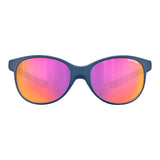 Julbo Lizzy Sunglasses | Size 49 feature trendy blue frames with Spectron 3 reflective pink-orange lenses on a white backdrop.