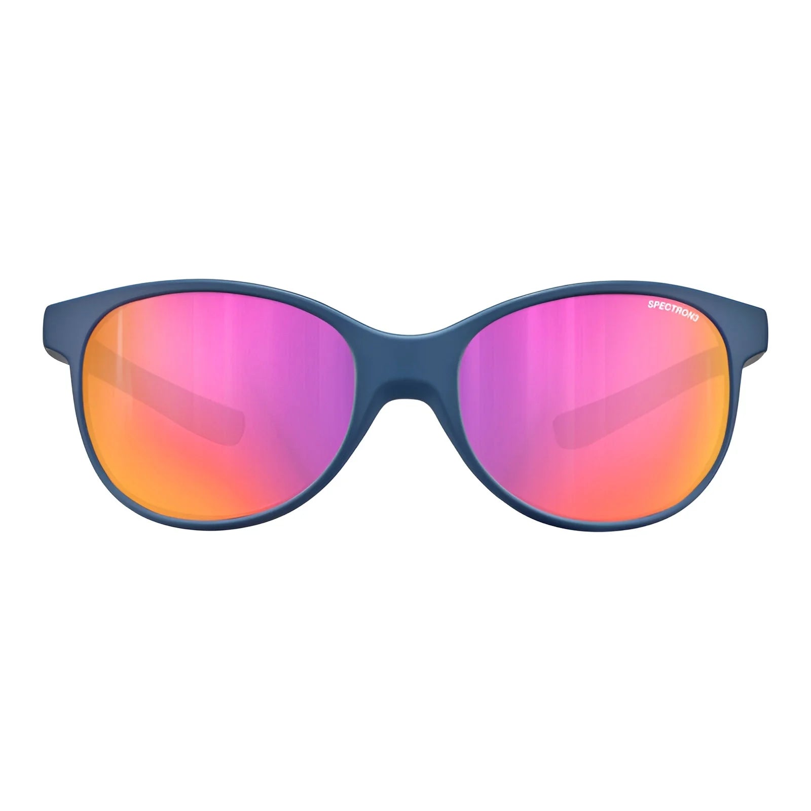 Julbo Lizzy Sunglasses | Size 49 feature trendy blue frames with Spectron 3 reflective pink-orange lenses on a white backdrop.